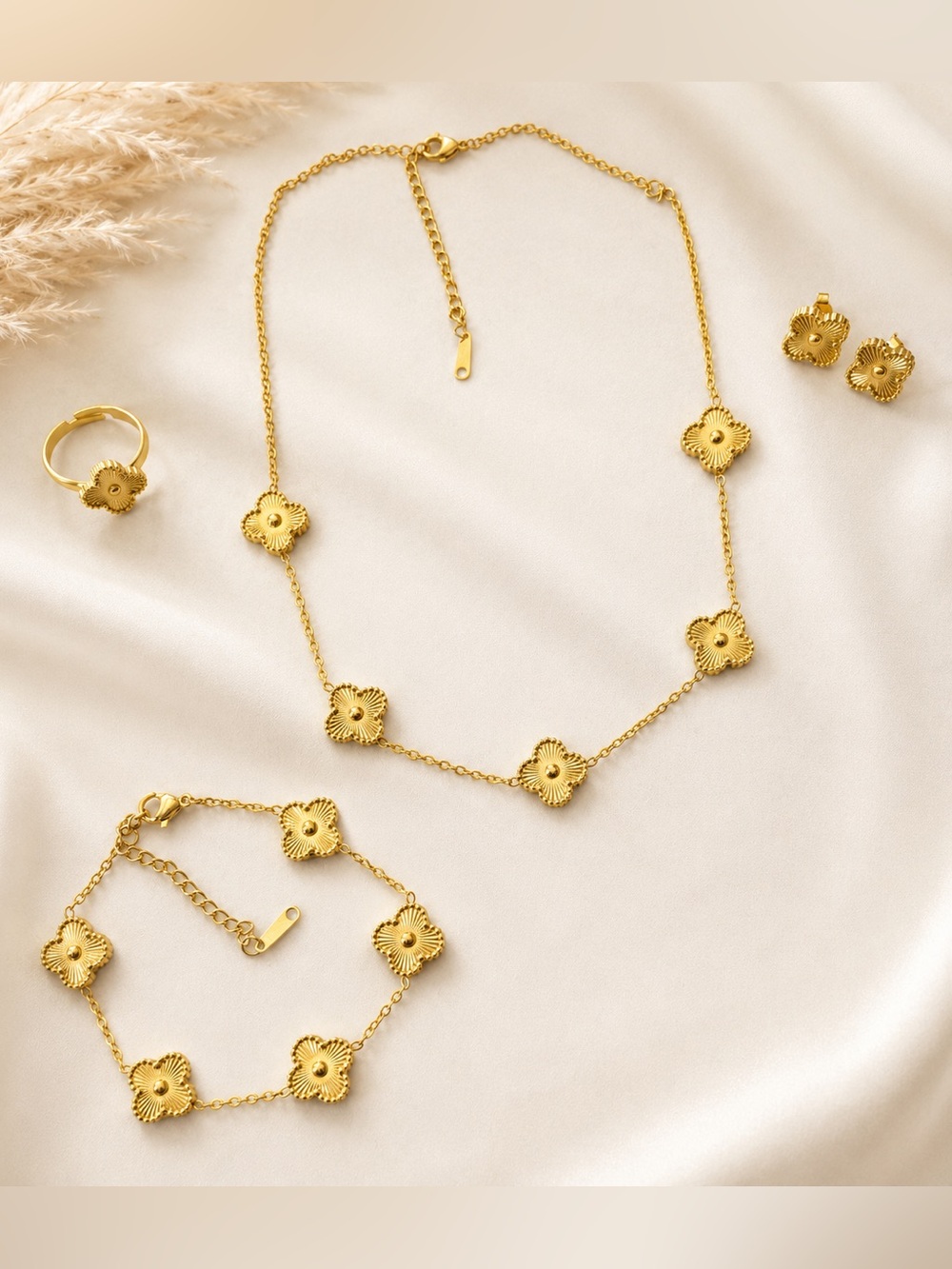 Gold Tone Alhambra Style Clover Jewelry Set Necklace Bracelet Ring Earrings